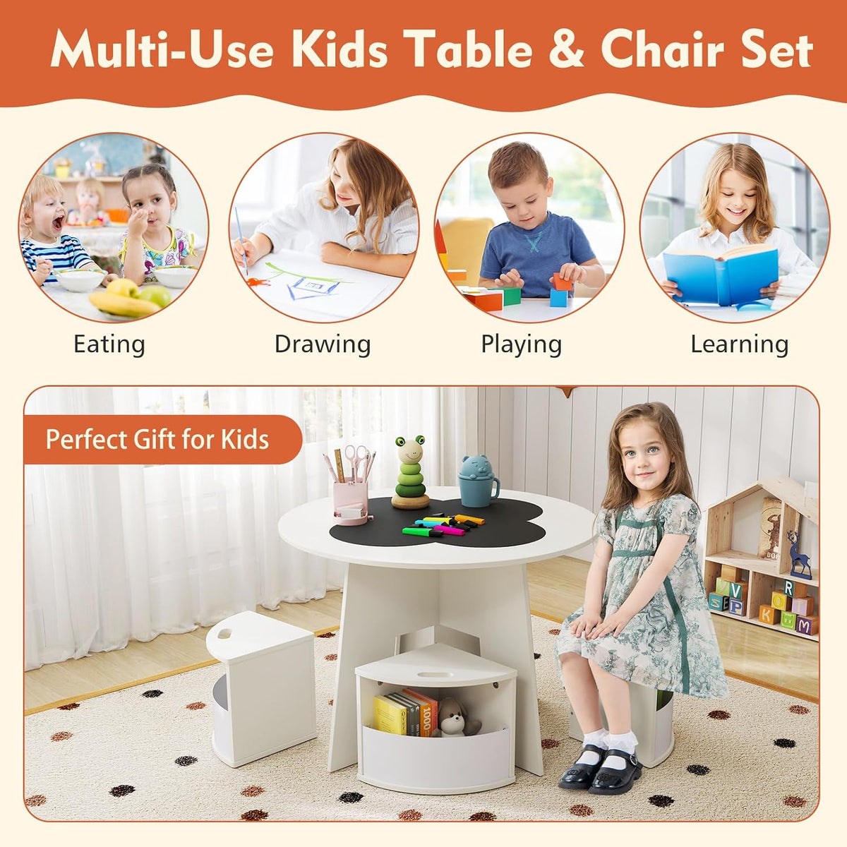 HONEY JOY White Kids Table and Chair Set, Children Activity Play Table with 4 Storage Stools for Art Craft, Nesting Design Toddler Table and Chair Set for Playroom, Daycare, Gift for Boys Girls