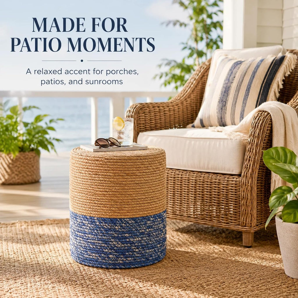 Wimarsbon Natural Seagrass Foot Stool, Hand Weaving Round Ottoman, for Living Room, Outdoor Seat (Natural & Blue)