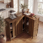 Corner Cabinet with Charging Station,L-Shaped Kitchen Pantry Storage Cabinet with 3 Drawers,Freestanding Kitchen Pantry Cabinets with Wine Rack,Glass Rack,Sliding Door for Dining Room (Walnut)