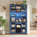 70.9” Farmhouse Kitchen Pantry Cabinet with LED Light & Power Outlets, Rustic Buffet Hutch with Wine Rack Glass Holder Drawer and Adjustable Shelves for Dining Room Coffee Bar Blue