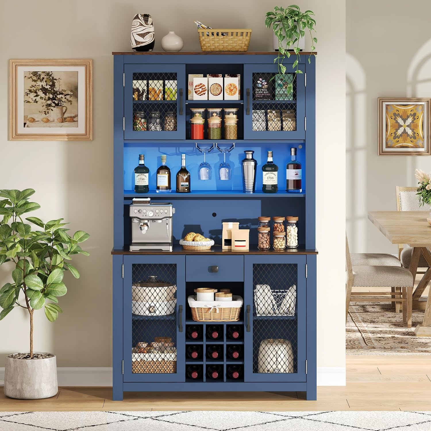 70.9” Farmhouse Kitchen Pantry Cabinet with LED Light & Power Outlets, Rustic Buffet Hutch with Wine Rack Glass Holder Drawer and Adjustable Shelves for Dining Room Coffee Bar Blue