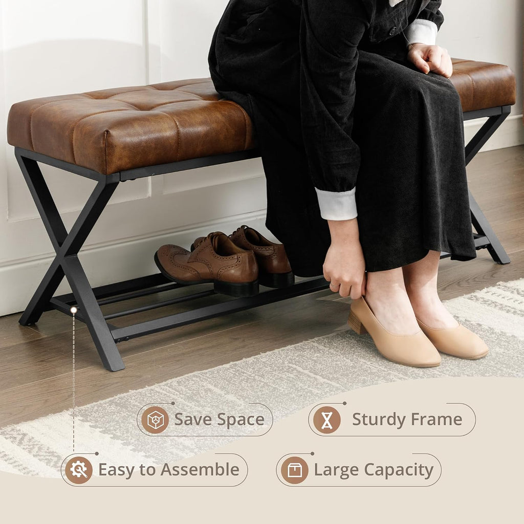 LUE BONA 44.5” End of Bed Bench with Shelf, Linen Tufted Upholstered Storage Shoe Bench, Modern Bedroom Bench with Metal Legs for Living Room, Entryway, Dining Room, 300 LB, Yellowish Brown