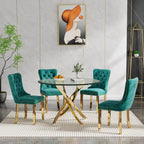 Round Glass Dining Table Set,36'' Glass Kitchen Dining Table Set for 2 4,5-Piece Glass Dinner Table Set with Golden Metal Legs and Velvet Chair Set for Kitchen (Green Chairs3, 36'' Table + 4 Chairs)