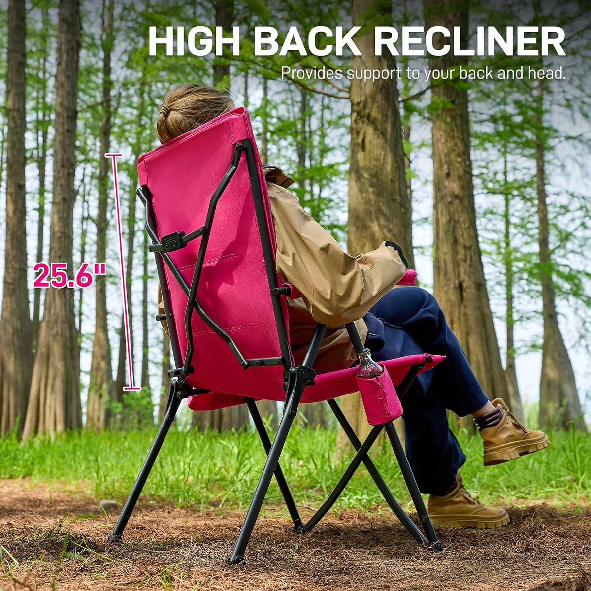 EVER ADVANCED Reclining Camping Chairs for Adult Lightweight, Folding Recliner Chair with Adjustable Back, 4-Level Lounge Chairs, Portable Lawn Chairs for Patio Balcony, Supports 350lbs Pink