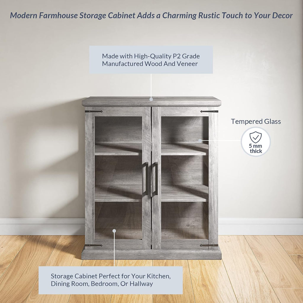 BELLEZE Set of 2 Glass Display Cabinet, 36" Tall Cabinet with Shelves and Glass Doors for Entryway, Living Room, Hallway, or Kitchen - Ashford (Gray Wash)