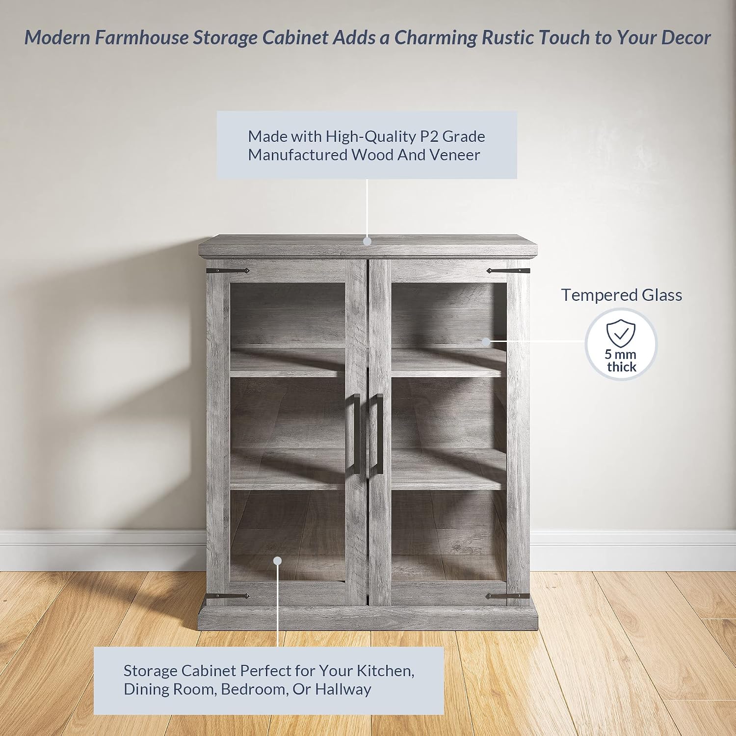 BELLEZE Set of 2 Glass Display Cabinet, 36" Tall Cabinet with Shelves and Glass Doors for Entryway, Living Room, Hallway, or Kitchen - Ashford (Gray Wash)