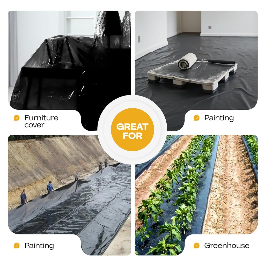 Black Construction Plastic Sheeting 6 mil, 10' x 100' (1000 sq. ft.) - Heavy Duty Plastic Cover for Construction & Painting - LDPE Film Roll - Heavy Duty Plastic Sheeting Roll by IDL Packaging