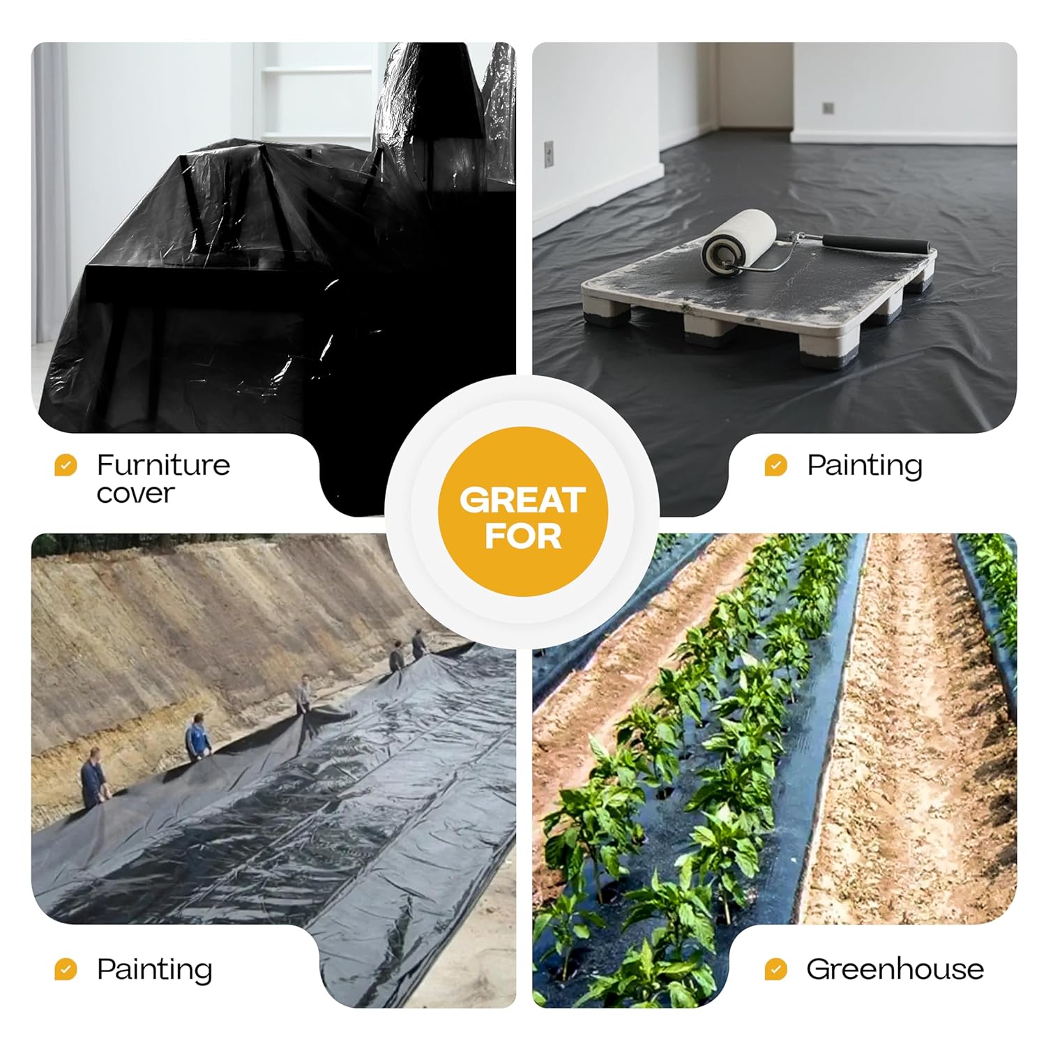 Black Construction Plastic Sheeting 6 mil, 10' x 100' (1000 sq. ft.) - Heavy Duty Plastic Cover for Construction & Painting - LDPE Film Roll - Heavy Duty Plastic Sheeting Roll by IDL Packaging