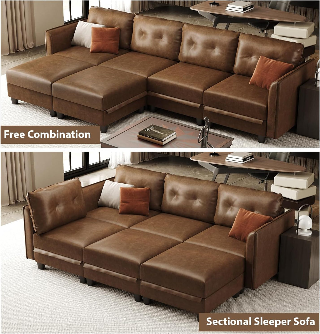 LLappuil 11-Piece Modular Sectional Sofa with Storage, Convertible Faux Leather Couch with Ottoman, Waterproof Skin-Friendly U/V Shaped Corner Oversized Sofas for Living Room, Brown