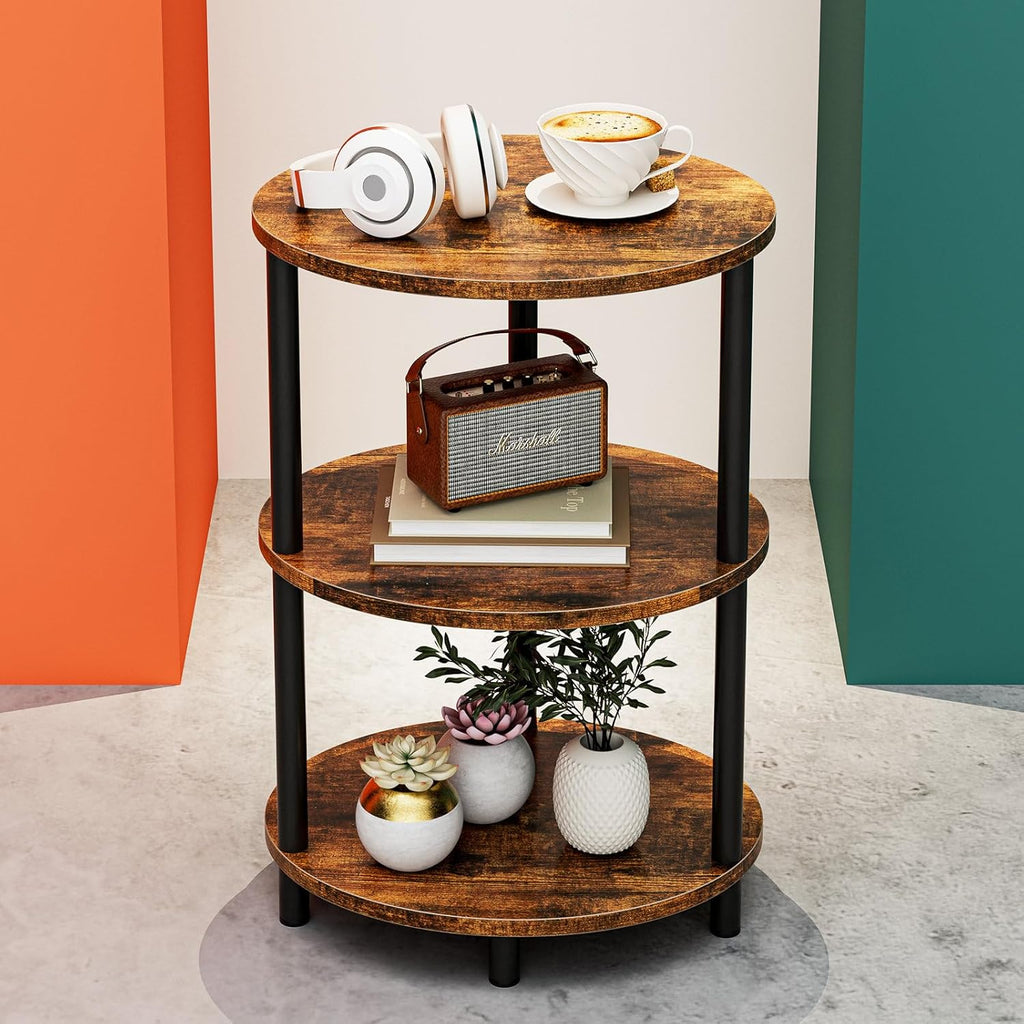 Round Small Side Table - 3 Tier Oval Accent Table for Small Spaces, Rustic Wood and Metal Couch End Table, Nightstand for Bedroom or End Table Living Room, Easy to Assemble, Rustic Brown
