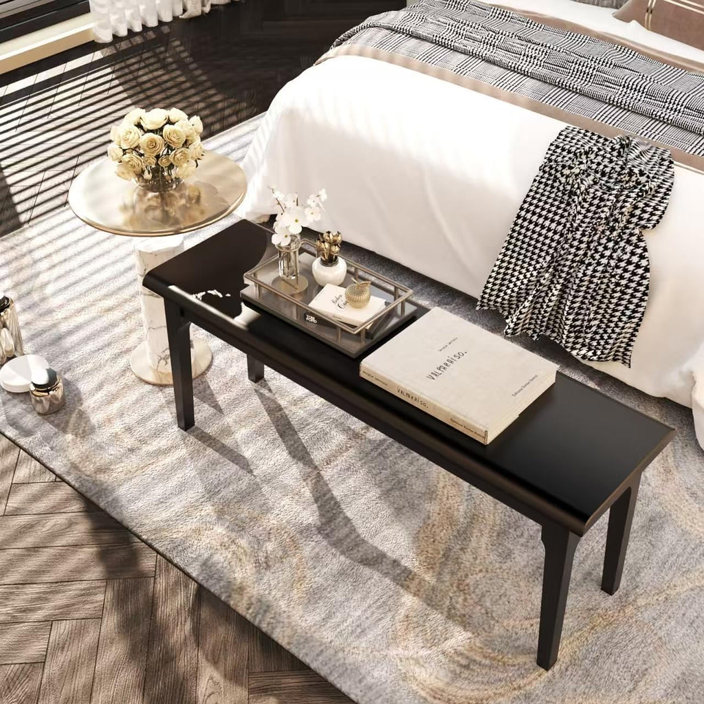 Wilk Wooden Entryway Bench, 47’’ Indoor End of Bed Bench, 100% Solid Oak Wood (Black)