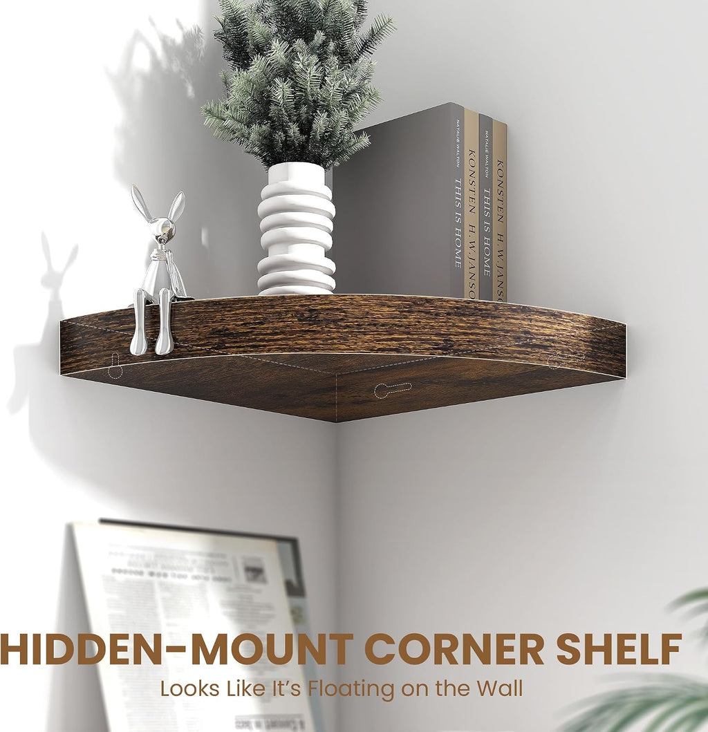 Fun Memories Floating Corner Shelves Set of 2 - Rustic Wood Wall Mounted Storage and Display Shelves for Living Room, Bedroom, Kitchen, Bathroom - Space Saving Home Decor, Brown