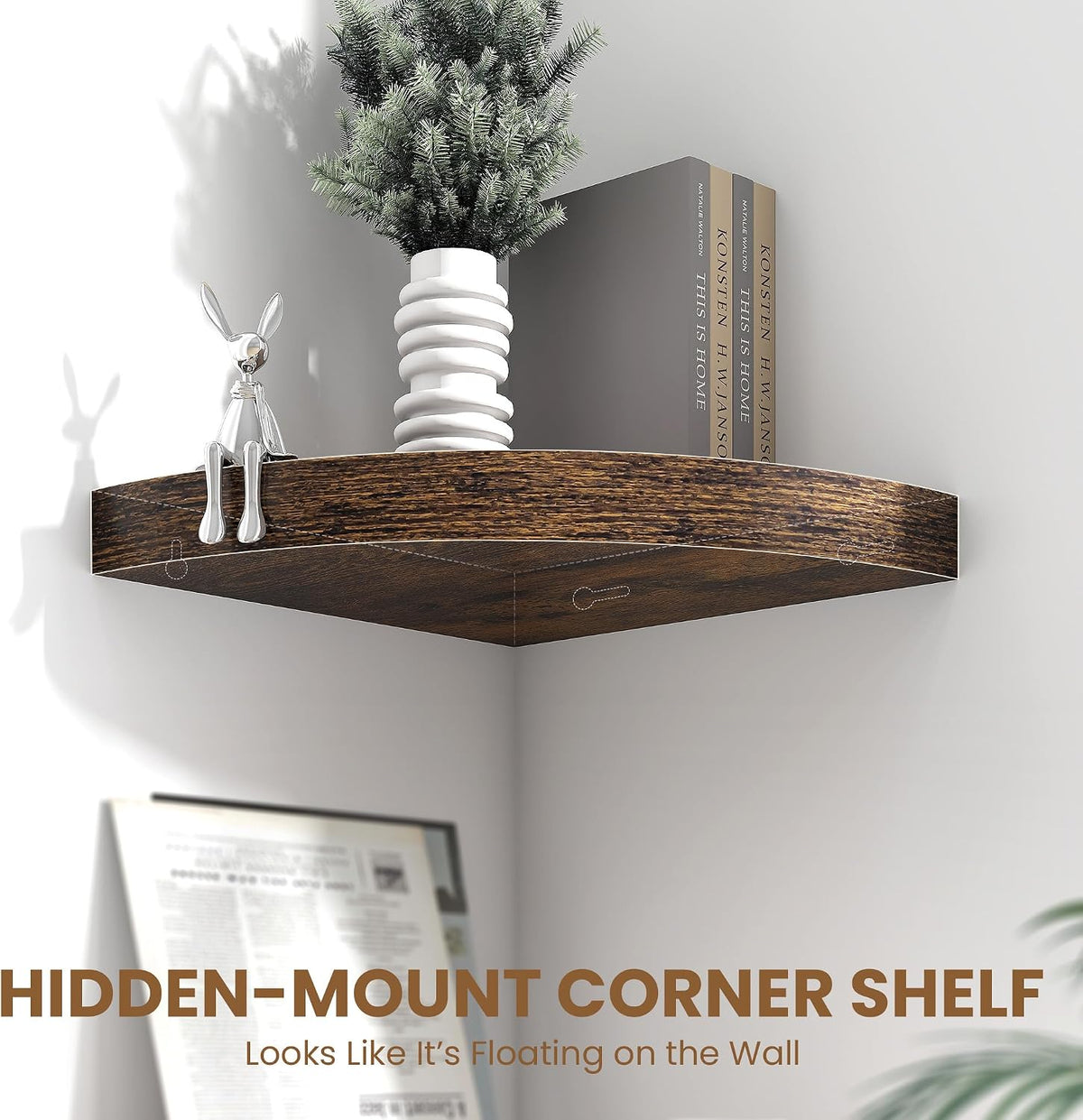 Fun Memories Floating Corner Shelves Set of 2 - Rustic Wood Wall Mounted Storage and Display Shelves for Living Room, Bedroom, Kitchen, Bathroom - Space Saving Home Decor, Brown