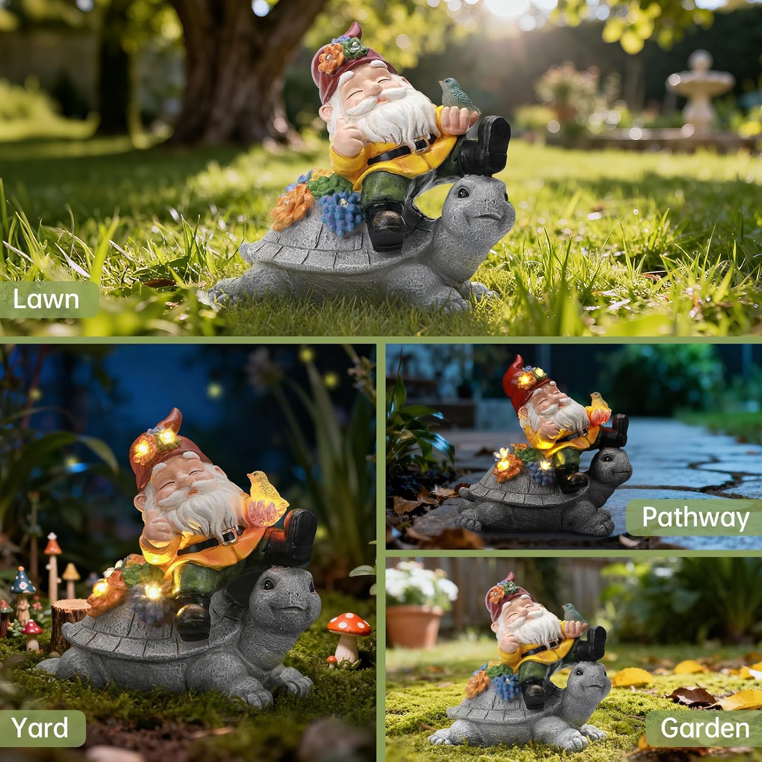 Solar Gnome on Turtle Statue Light, Weatherproof Resin Garden Decor Auto On/Off - Whimsical Night Glow for Fairy Garden & Yard