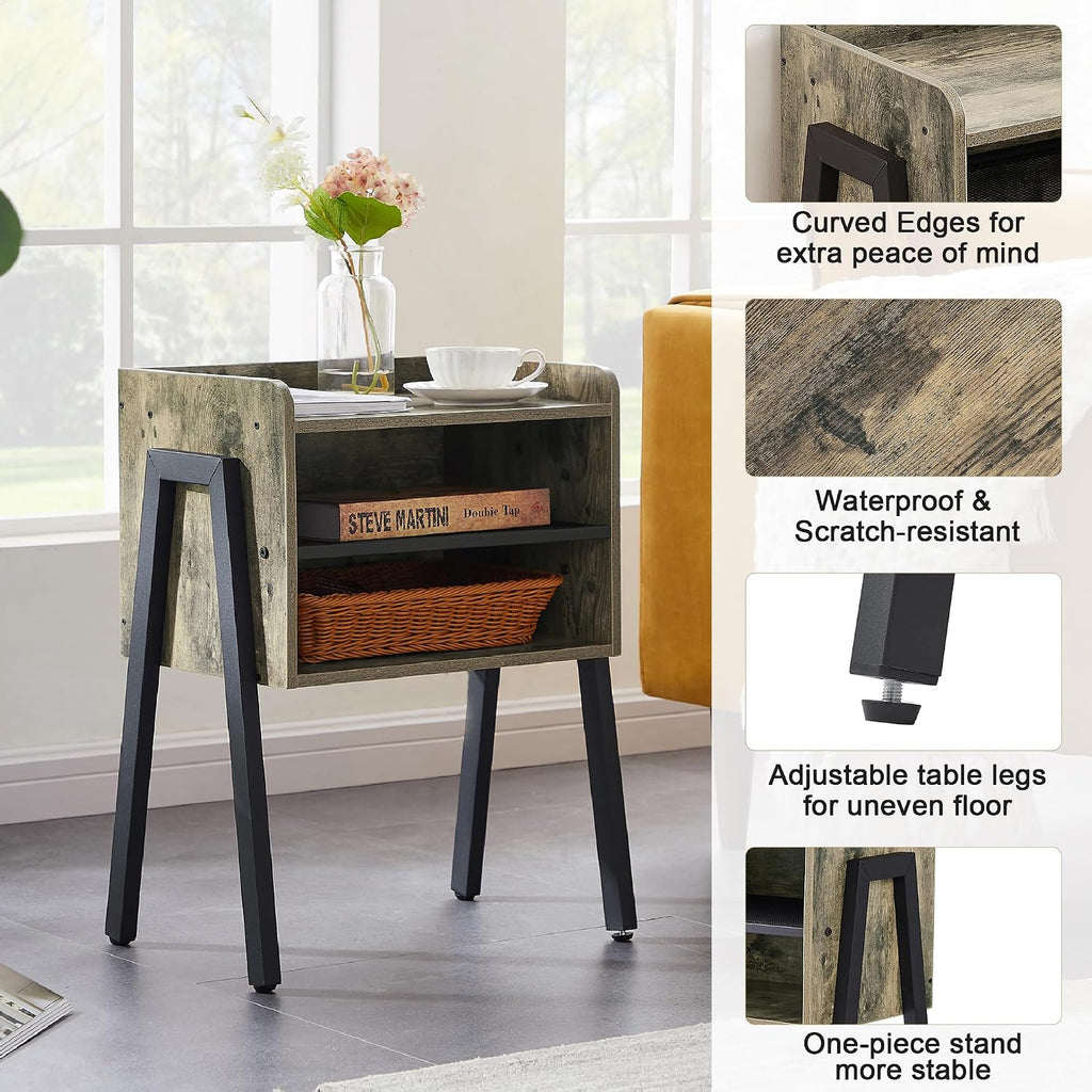 VECELO Nightstand Set of 2,Industrial Side Table End Table,Stackable Accent Table with 2-Tier Open Storage Compartments for Bedroom, Living Room and Small Spaces