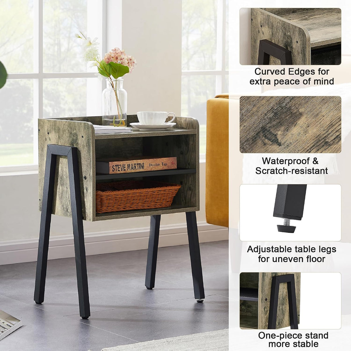VECELO Nightstand Set of 2,Industrial Side Table End Table,Stackable Accent Table with 2-Tier Open Storage Compartments for Bedroom, Living Room and Small Spaces