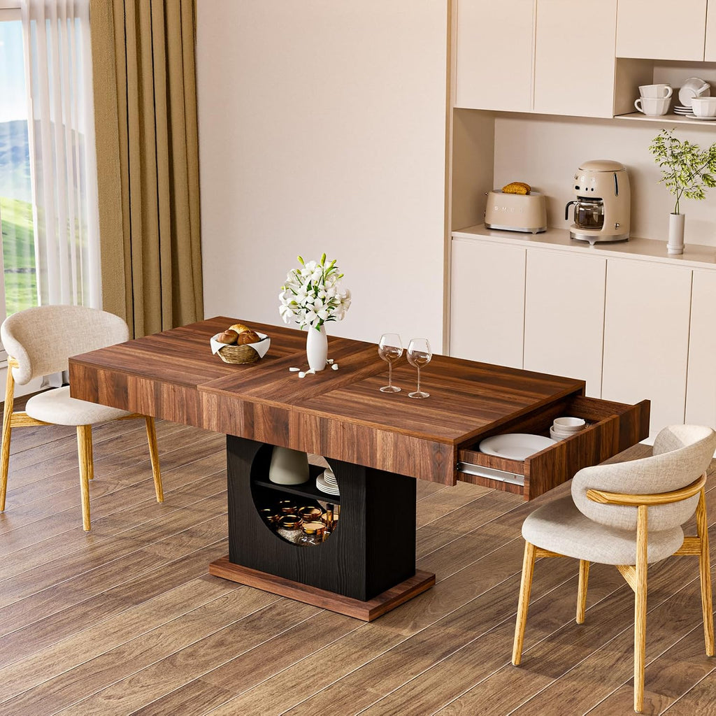 55" Dining Table for 4 to 6 People, Farmhouse Wood Dinner Table with Drawers & Open Storage for Kitchen, Dining Room & Living Room (Walnut & Black)