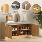 Fluted Shoe Storage Bench with Cushion, 2-Tier Entryway Shoe Bench with Adjustable Shelves, Hidden Shoe Cabinet Bench with 2 Doors for Hallway, Living Room, Bedroom End of Bed,Natural Oak