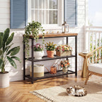 Besiost 32" Industrial Console Table with 3-Tier Storage, Oak Grey | Small Entryway Table with Mesh Shelves, Sofa Table Behind Couch for Hallway, Foyer, Living Room, Sturdy Metal Frame
