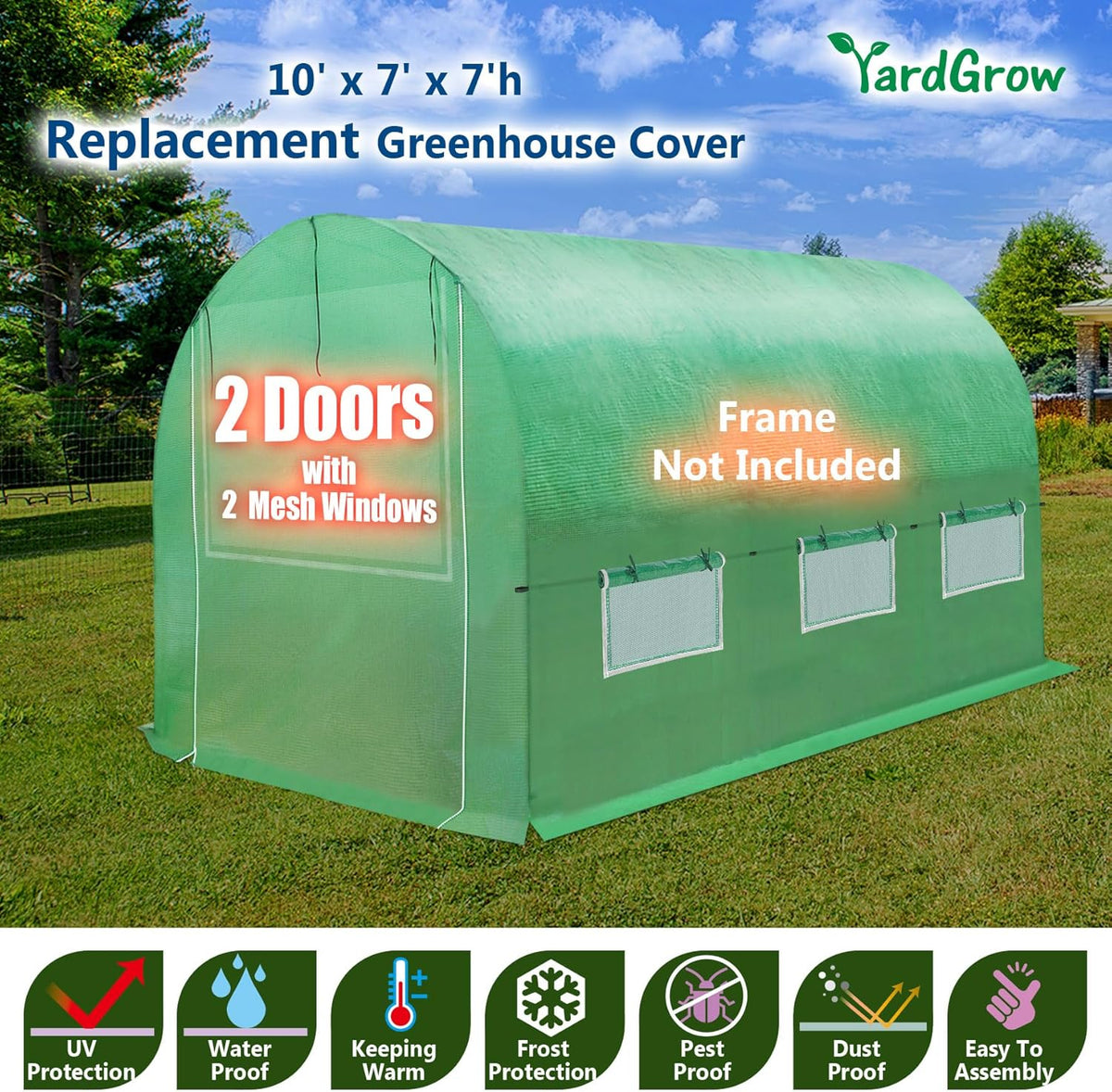 YardGrow Greenhouse Replacement Cover Larger Walk in Outdoor Plant Gardening Greenhouse, 2-Doors with 2 Mesh Windows, Frame Does NOT Included (10'x7'x7')