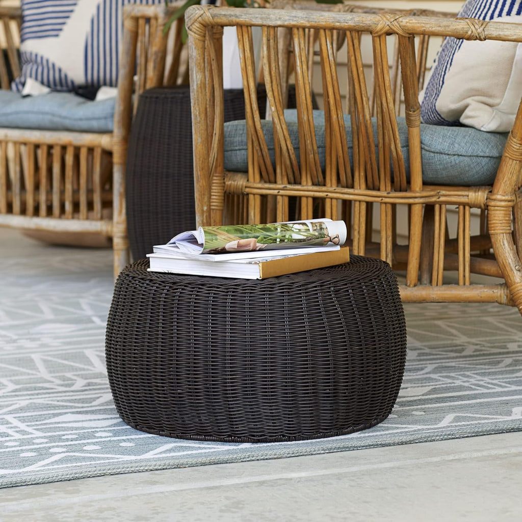 Household Essentials Round Handwoven Resin Storage Stool Ottoman, Brown