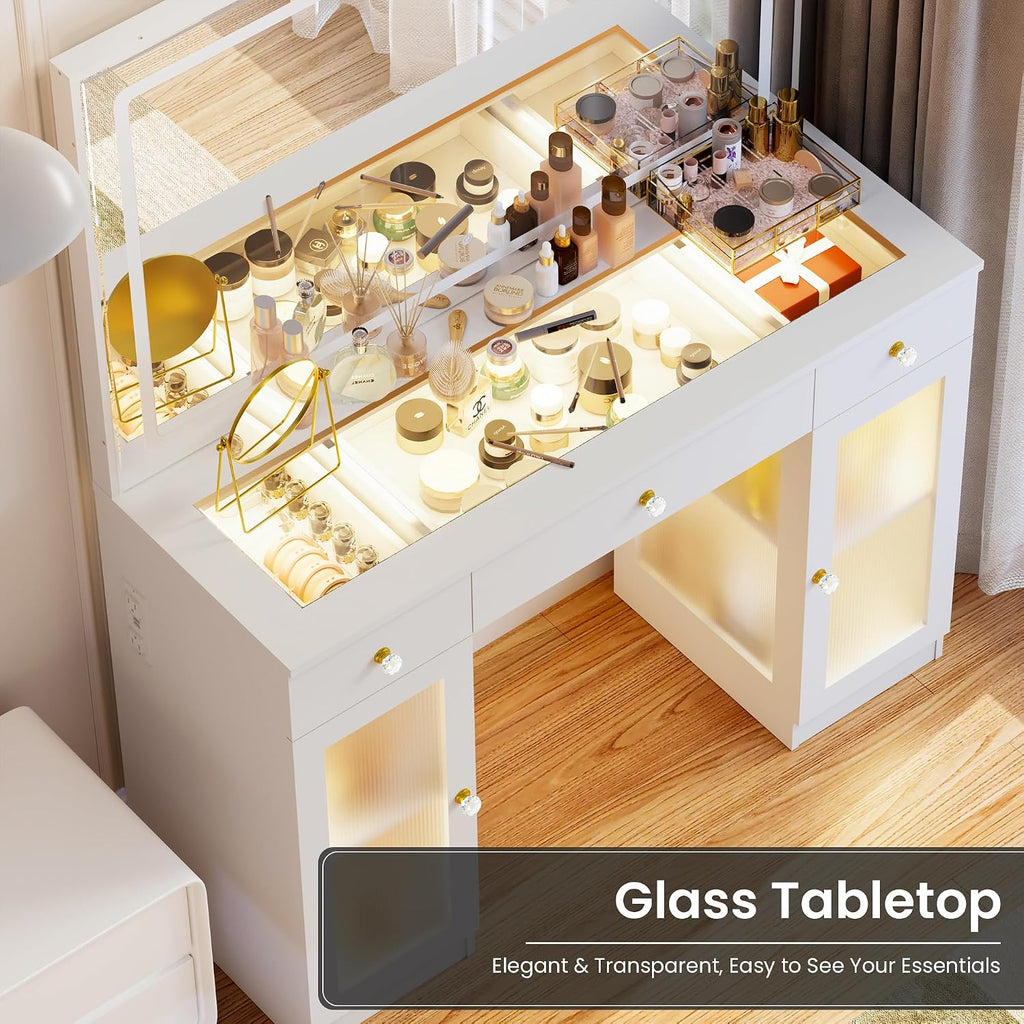 Glass Top Vanity Desk with Mirror and Lights, Crystal Knobs Makeup Vanity with 3 Drawers and Charging Station, Adjustable Lighting Color Dressing Table, Silent Slides, White