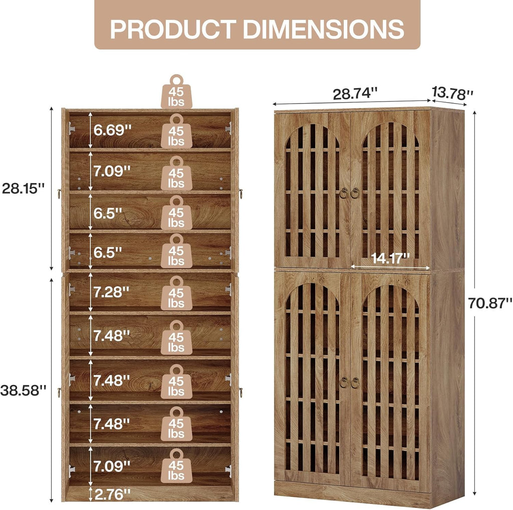 Tribesigns 70.86" Tall Kitchen Pantry Cabinet, Farmhouse Storage Cabinet with 4 Slatted Doors and 9 Storage Shelves, Rustic Wooden Cupboard for Kitchen, Dining Room, Living Room, Brown