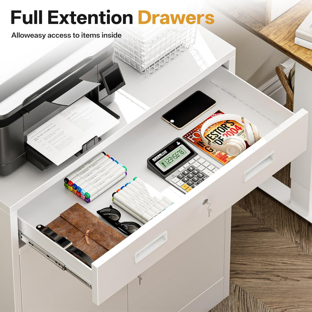 Metal Storage Cabinets with Drawer, 36" H Lockable Storage Cabinet with Doors and Adjustable Shelves, Small White Steel File Cabinet for Home, Office, Warehouse, School, Assembly Required