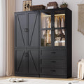 75" Tall Farmhouse 4 Doors Armoire Wardrobe Closet with 3 Drawers and LED,Freestanding Closet Wardrobe Cabinet for Bedroom with Hanging Rod,Wooden Armoire Storage Cabinet with Adjustable shelve(Black)