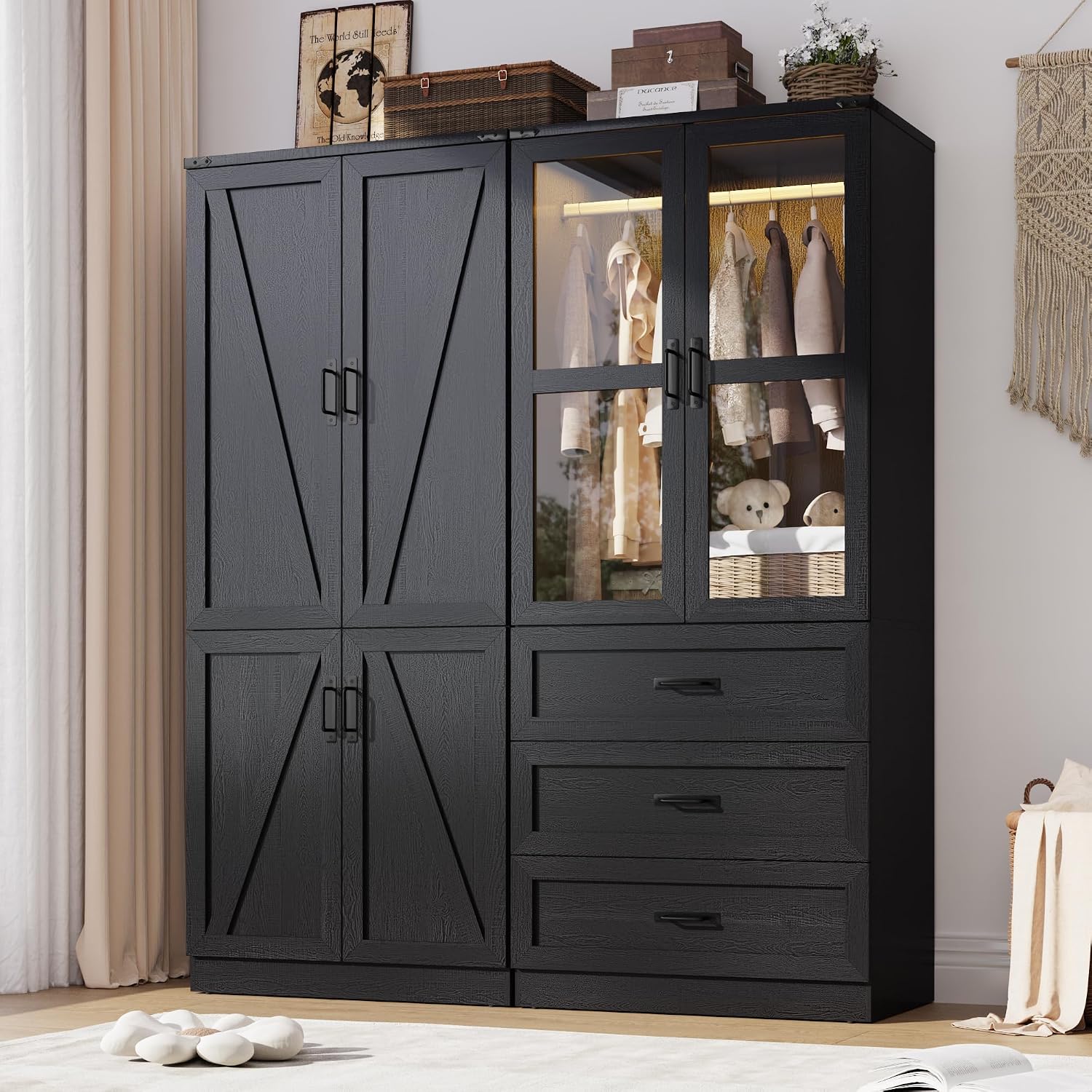 75" Tall Farmhouse 4 Doors Armoire Wardrobe Closet with 3 Drawers and LED,Freestanding Closet Wardrobe Cabinet for Bedroom with Hanging Rod,Wooden Armoire Storage Cabinet with Adjustable shelve(Black)