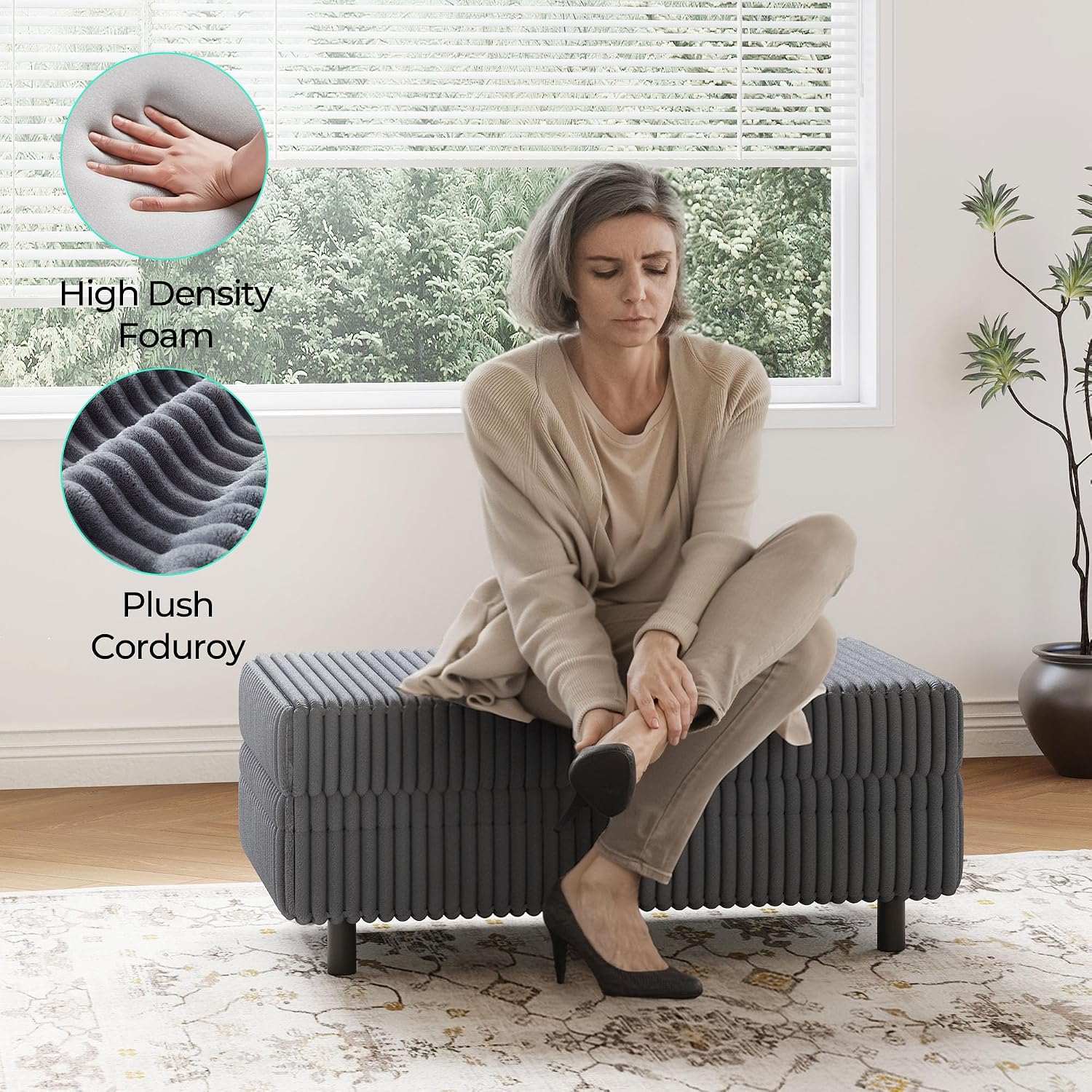 LINSY HOME Sectional Sleeper Sofa Storage Ottoman Bench, Convertible Coffee Table Plush Corduroy Couch Ottoman Footstool for Living Room, Bedroom Entryway and Family Room, Grey