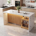 Miereirl 63”/32” Kitchen Island Table with Storage Space, Imitation Marble Island Table for Kitchen with LED Lights, Large Counter Height Dining Table with Fluted Base for 4 (White)