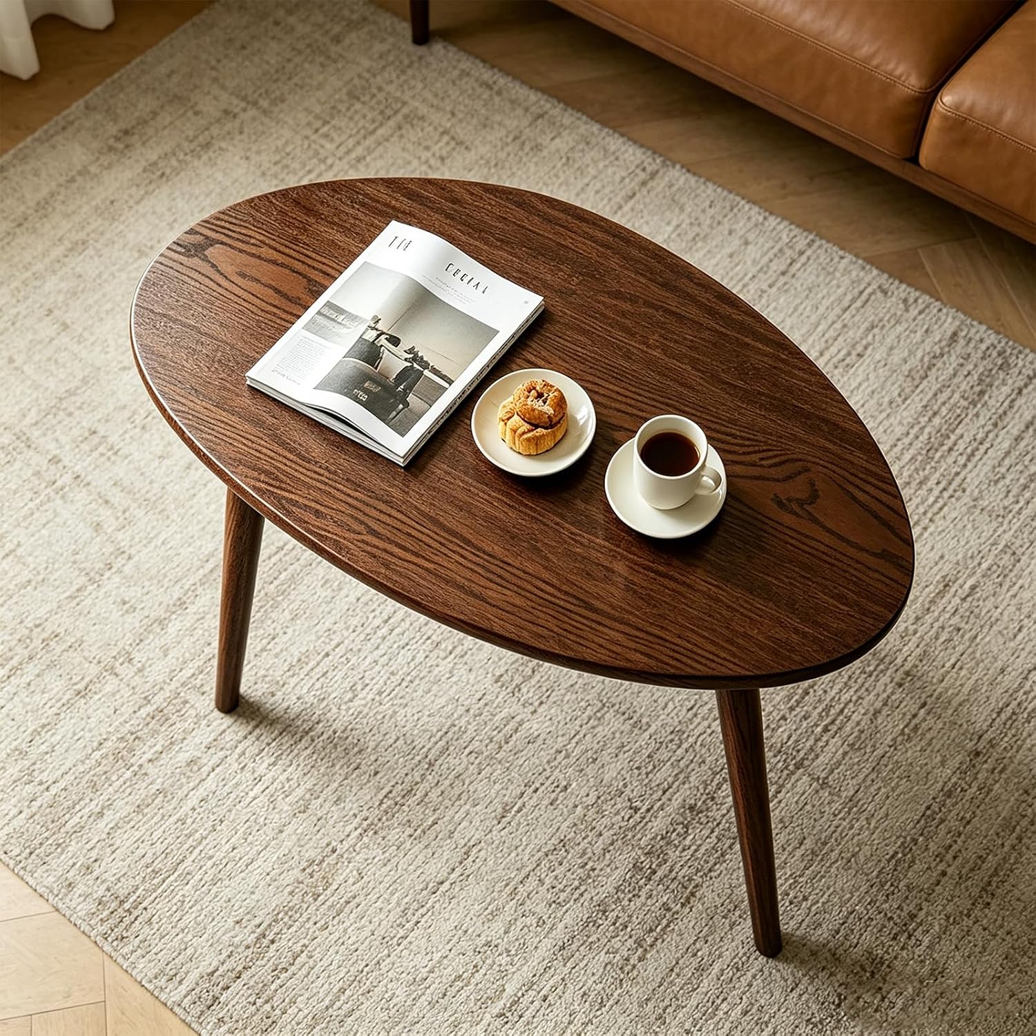 Walnut Oval Side Table, 17.5''D x 25.6''W x 19.7''H, Mid Century Modern Small Coffee Table with 3 Tapered Legs, Solid Oak Wood for Small Spaces, Living Room, Apartments, Easy Assembly