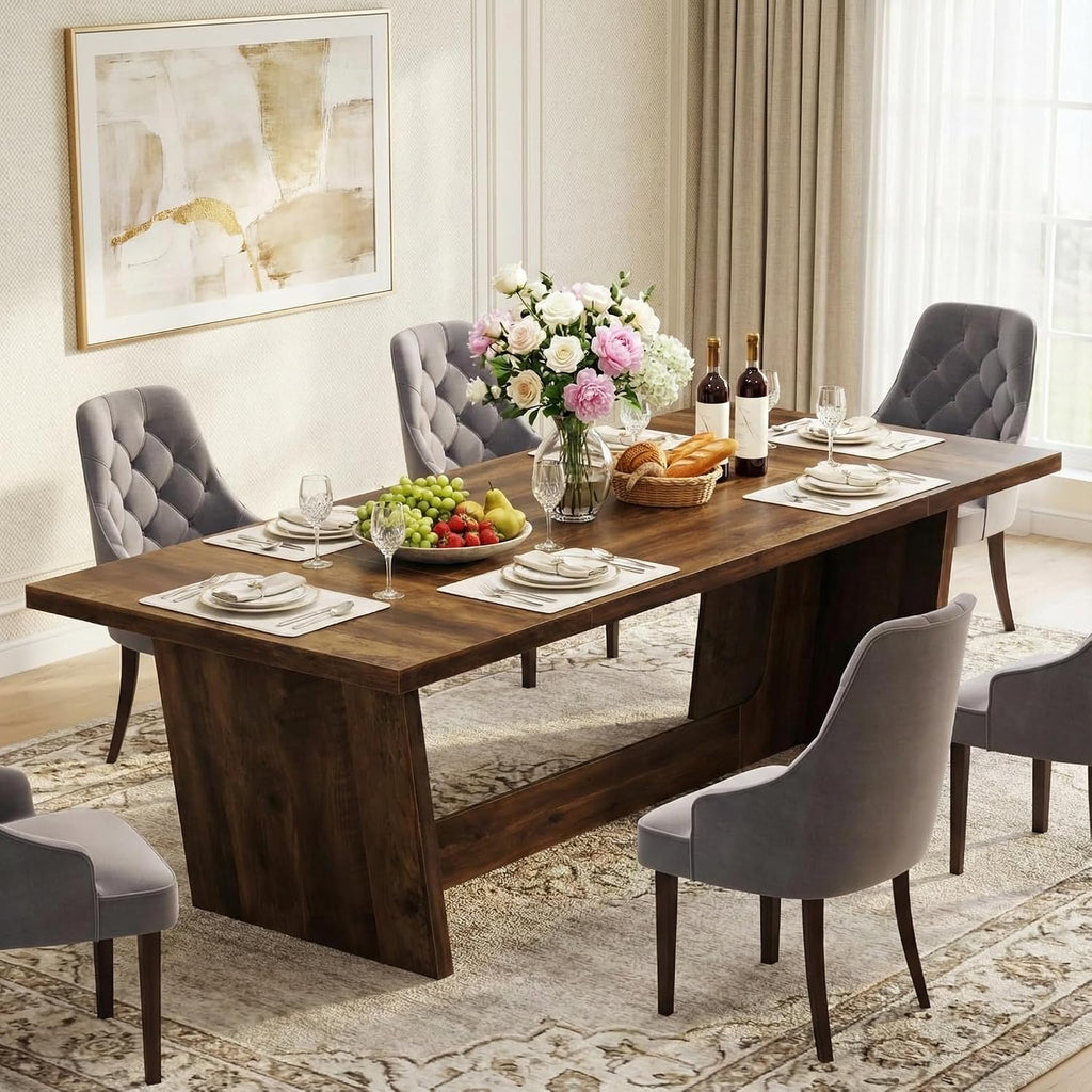 Lailang 71 Inch Dining Table, Rectangular Kitchen Tables, Pedestal Dinner Tables, Rustic Wood Dining Tables, Dining Room Table for 8, Large Table, 71 x 31 x 30 Inch, Rustic Brown