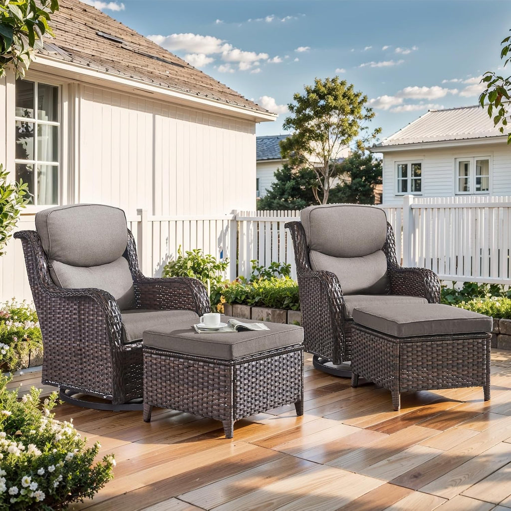 Outdoor Swivel Rocker Patio Chairs with 2 Ottomans - 5" Thick Cushion 4 Piece Furniture Set All Weather Comfortable Wicker Conversation Set for Porch Poolside and Deck - Brown/Gray