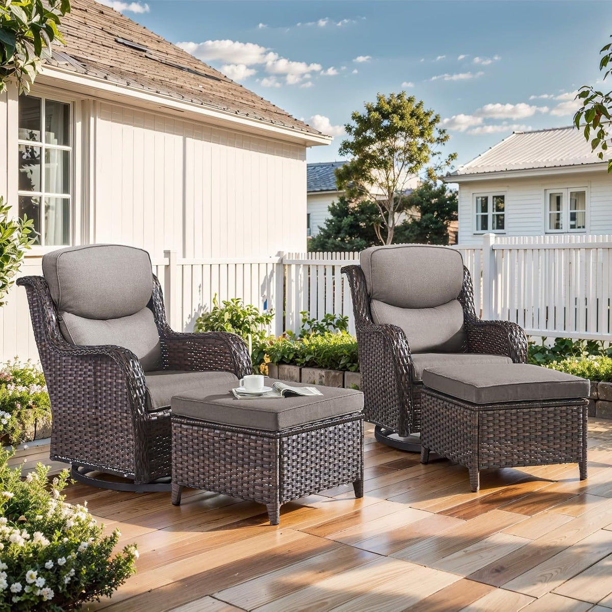 Outdoor Swivel Rocker Patio Chairs with 2 Ottomans - 5" Thick Cushion 4 Piece Furniture Set All Weather Comfortable Wicker Conversation Set for Porch Poolside and Deck - Brown/Gray