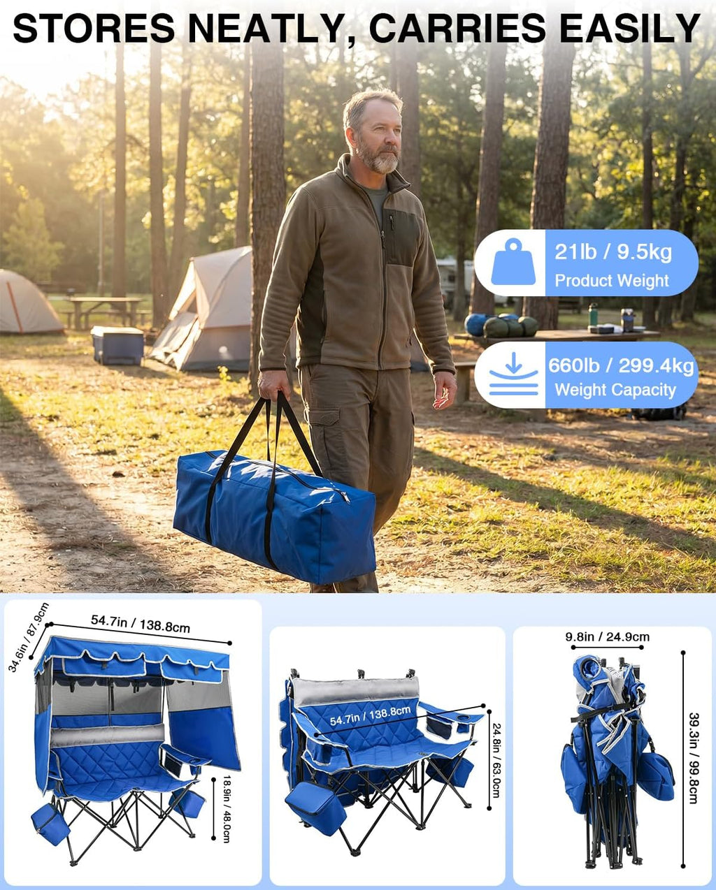 HOPERAN Double Camping Chair with Canopy, Heavy Duty 660lbs Double Beach Chair with Umbrella, Cooler & Cup Holder, Oversized Folding loveseat with Shade for Outside Sports, Beach, Lawn, Fishing