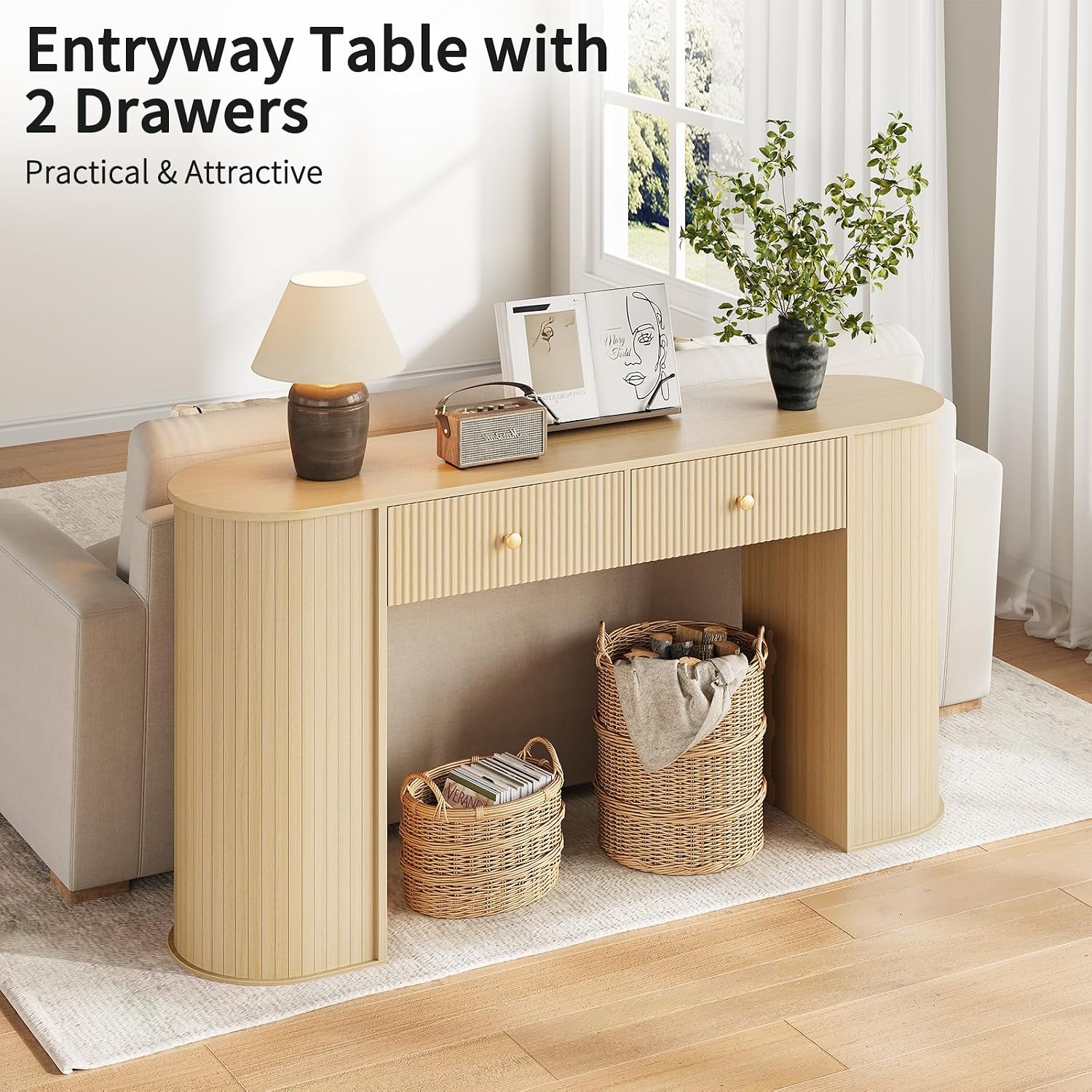 59" Fluted Console Table with 2 Drawers - Wood Entryway Table with Storage, Long Modern Sofa Tables Behind Couch with Curved Leg for Living Room, Entry, Hallway, Entrance, Foyer, Oak Natural