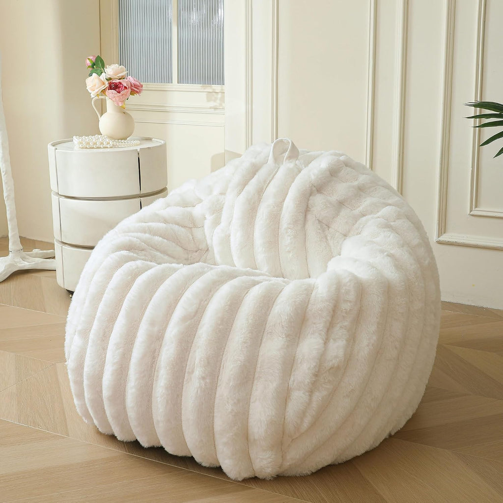 MEGO 3FT Fluffy Faux Rabbit Fur Bean Bag Chair Cover, No Filler, Beige | Plush Ribbed Stuffed Animal Bean Bag Storage, Washable & Anti-slip, Decor Furry Striped Large Beanbag Cover for Girls Adults