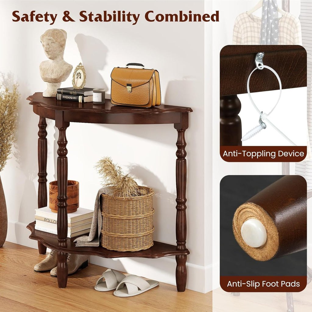 GOFLAME Half Moon Entryway Table, Retro Console Table with Storage Shelf & Solid Rubber Wood Legs, Vintage Display Accent Table, 2-Tier Curved Sofa Table for Living Room, Hallway, Entry, Walnut