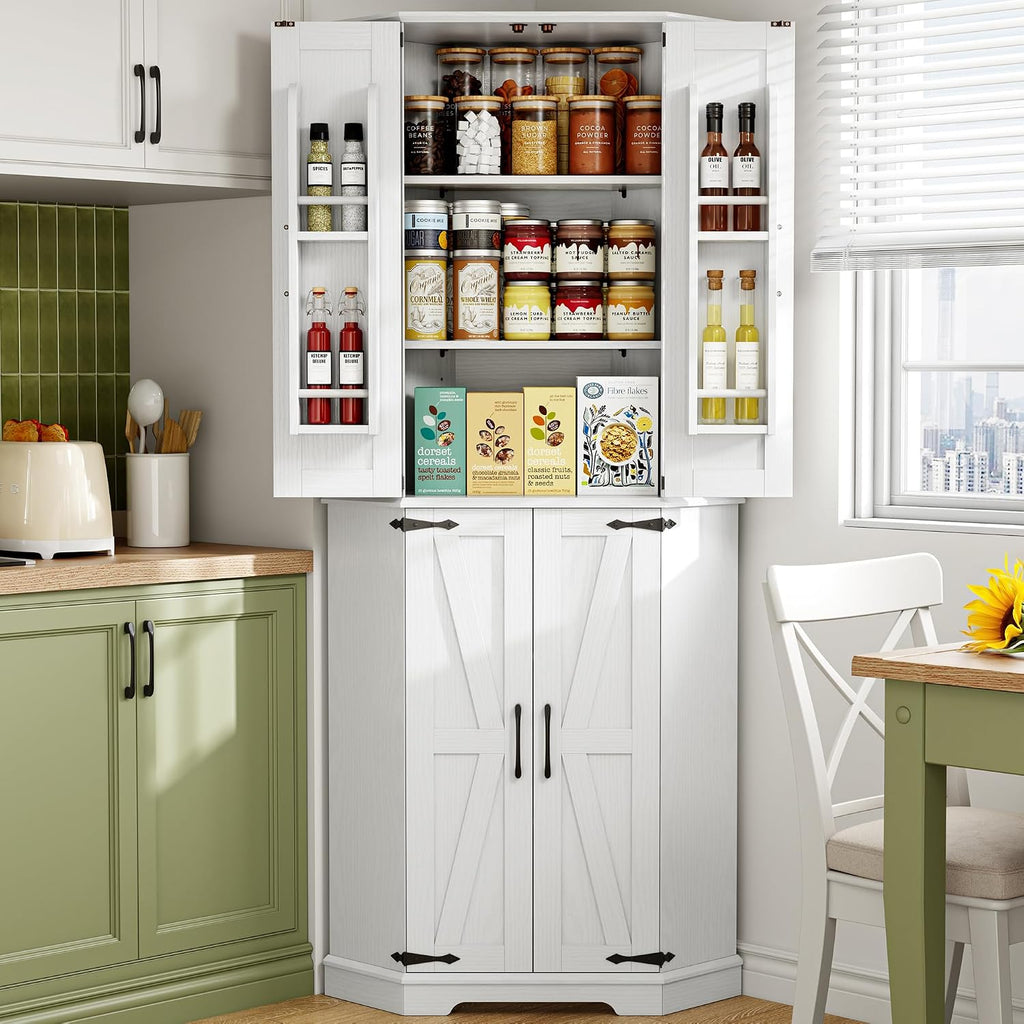 IRONCK Corner Cabinet, 72" Farmhouse Pantry Cabinet, White | 6 Tiers Shelves with 2 adjustable shelves, 240° swivel doors and spacious storage for kitchens, dining rooms, living rooms