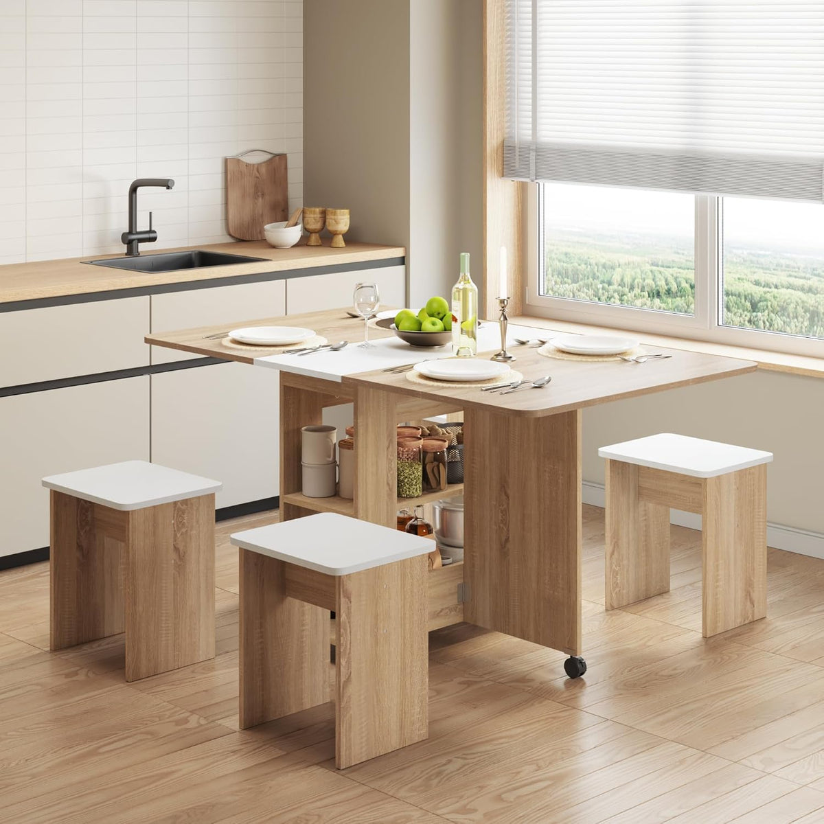 Mondeer Folding Dining Table with 4 Chairs for Small Spaces, Natural Wood | Drop Leaf Table and Chairs for Small Spaces, Folding Dining with Storage Shelf and Wheels for Kitchen Dining Room