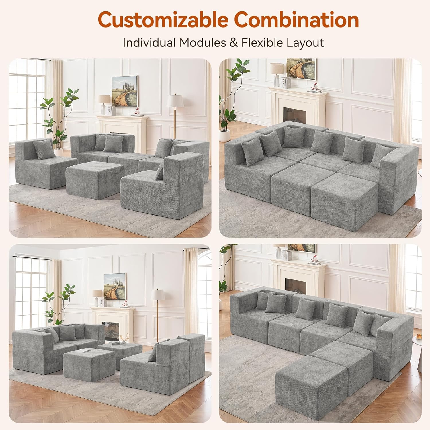 MONVANE Modular Sectional Cloud Couch for Living Room - 130'' 6 Seater Convertible Chenille Couches Set with Ottoman, No Assembly Compression Sofas, Comfy Floor Sofa with Memory Foam, Light Grey