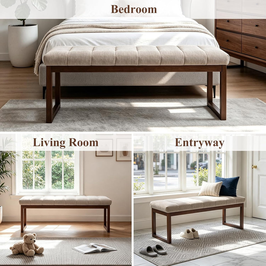 53'' Upholstered Chenille Entryway Bench, Channel Tufted End of Bed Bench Modern Ottoman with Walnut Wood Legs, Padded Window Bench with Storage for Bedroom, Living Room, Camel