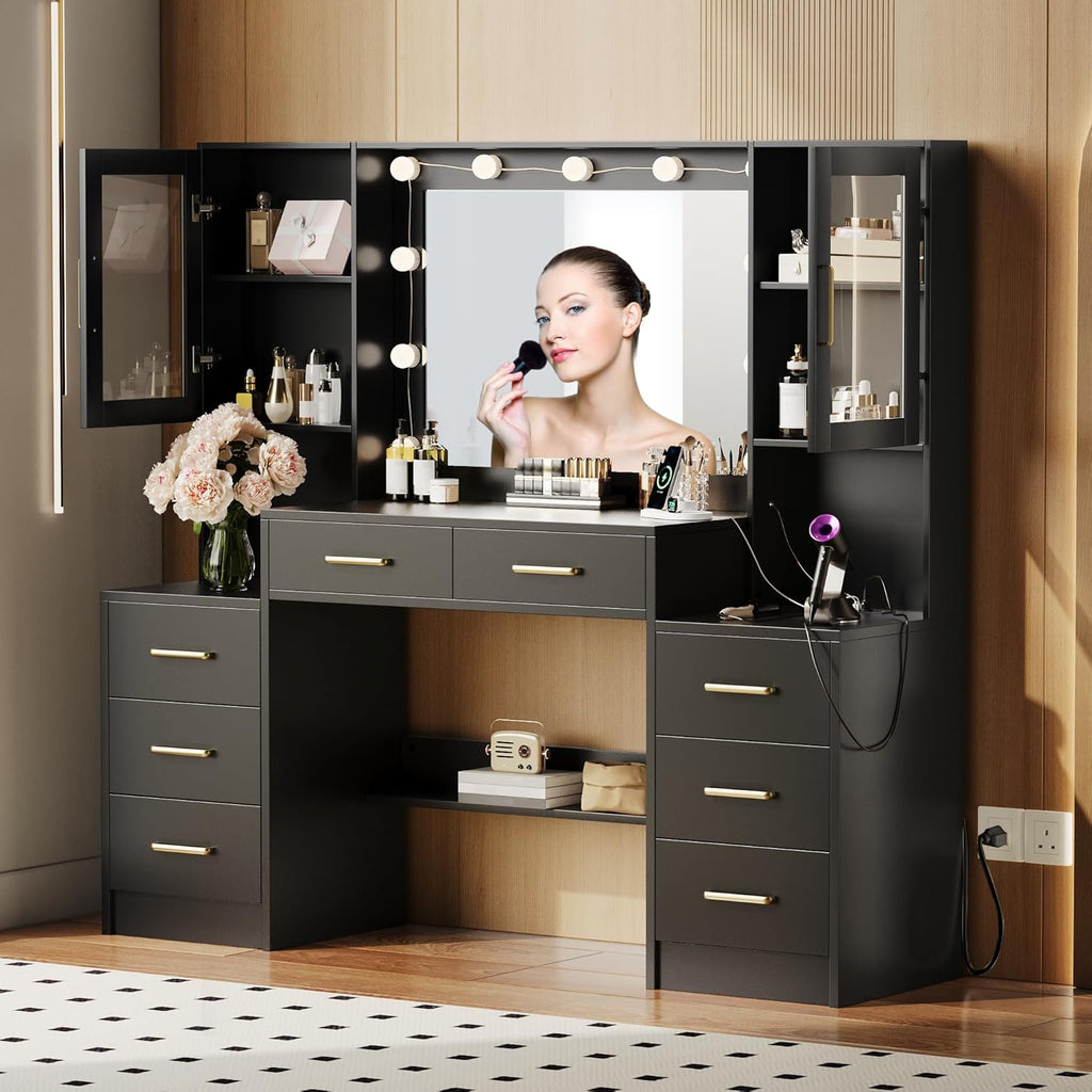 Makeup Vanity Desk with Mirror and Lights, 58.3" Makeup Vanity with Lights & Charging Station, Black Dressing Table Vanity Set Vanity Table with 8 Drawers & 2 Cabinets, with Installation tools
