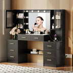 Makeup Vanity Desk with Mirror and Lights, 58.3" Makeup Vanity with Lights & Charging Station, Black Dressing Table Vanity Set Vanity Table with 8 Drawers & 2 Cabinets, with Installation tools