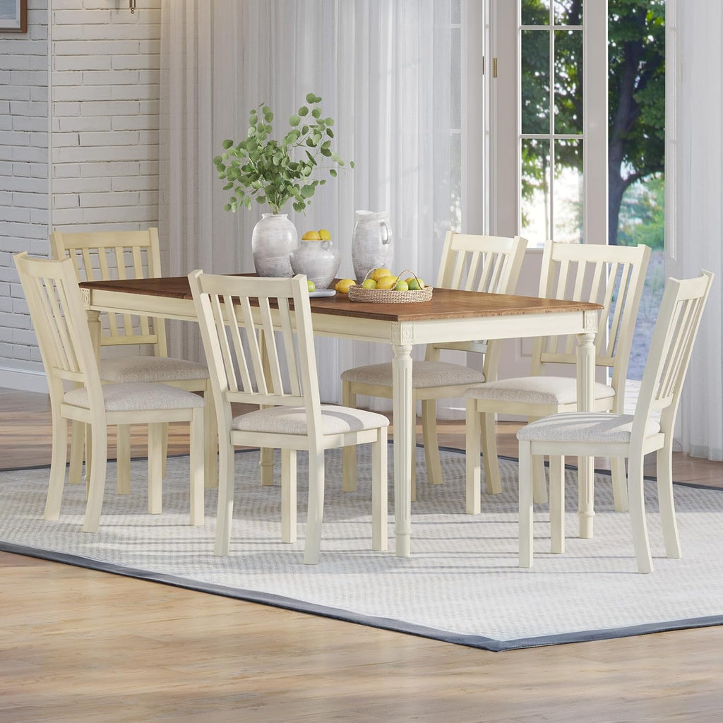 AMERLIFE 79 Inch Farmhouse Dining Table for 6 to 8, Large Rectangular Solid Wood Kitchen Dining Table with Roman Conical Legs, Rustic Dining Room Table for Family Gatherings, Rustic Cream