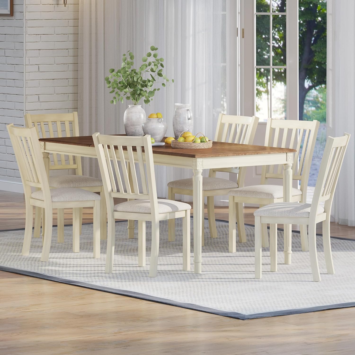 AMERLIFE 79 Inch Farmhouse Dining Table for 6 to 8, Large Rectangular Solid Wood Kitchen Dining Table with Roman Conical Legs, Rustic Dining Room Table for Family Gatherings, Rustic Cream