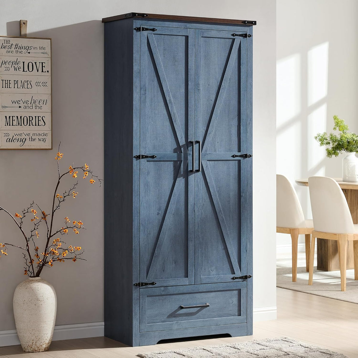 JXQTLINGMU Farmhouse Kitchen Pantry Cabinet - 72" Tall Wood Kitchen Storage Cabinets with Adjustable Shelves & 2 Barn Doors & Drawer, Versatile Storage for Dining Room, Bathroom, Rustic Blue