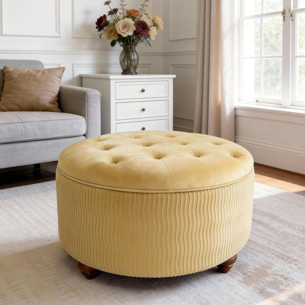 modscape 30" Velvet Round Storage Ottoman Coffee Table with Lift-Off Lid | Modern upholstered ottoman works as coffee table, footrest and extra seat. Large hidden storage for living room, bedroom.